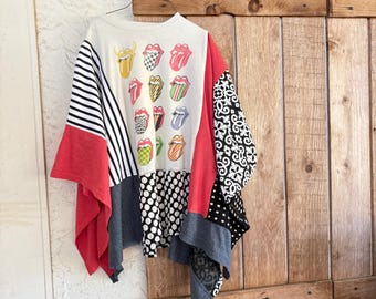 Tunica poncho patchwork riciclata ispirata ai Rolling Stones, abbigliamento moderno multicolore