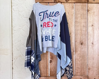 Upcycled USA Patriotic 4th of July Summer Poncho Tunic, Oversized Blouse, One Size
