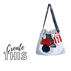May include: A patchwork tote bag with a denim strap. The bag features a light blue quilted fabric base and is adorned with red, white, and blue fabric patches, including a floral accent and a section resembling the American flag. The text "Create THIS" is on the left.