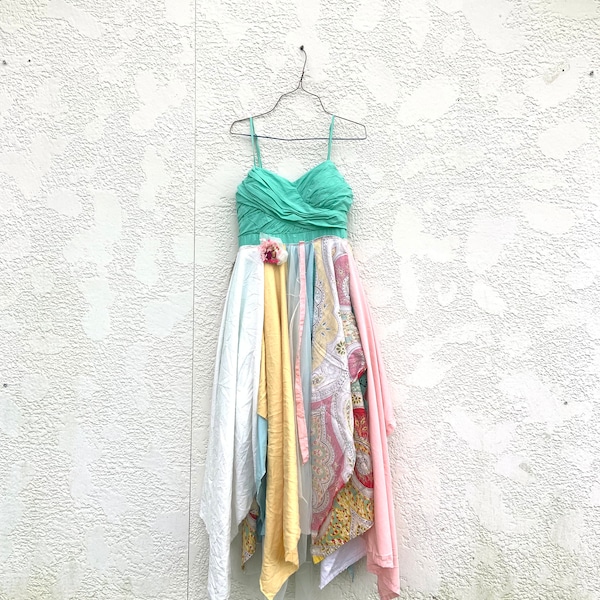 Upcycled Tattered Sleeveless Seafoam Green Pastel Alternative Wedding Dress, Party Dress, Upcycled Evening Dress, Boho, Bohemian, CreoleSha