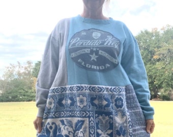 Upcycled Blue Patchwork Tunic, Quilted Bottom, Boho Clothing