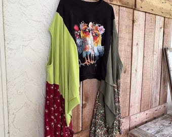 Upcycled Chicken T-Shirt – Hand Stitched “A Gentle Kind of Wild” Patchwork Tee, Boho Farmcore Wearable Art Shirt | Story Cloth Collection