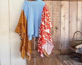 Upcycled Patchwork Baby Blue and Caramel Poncho Tunic, Multi-Colored Modern Clothing
