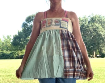 Upcycled Patchwork Tunic Top: Tattered Boho Shirt (S-M)