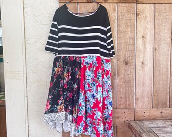 Upcycled Black and White Striped Floral Tunic Dress: Bohemian Spring Summer Style