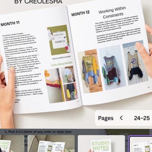 May include: Open book with the title "STUDIO NOTES" by CreoleSha. The pages show instructions for upcycling t-shirts, with images of transformed garments. The text includes "Month 11" and "Month 12" with design prompts and a video link.