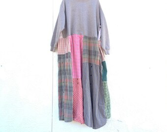 Upcycled Long Patchwork Sweatshirt Dress, Upcycled Clothing, Boho, Bohemian, Clothing,CreoleSha