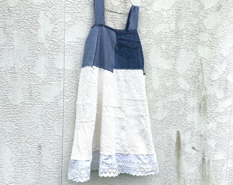 Ladies Upcycled Denim Winter White Textured Tank Dress, Upcycled Clothing, Boho, Bohemian, Clothing,CreoleSha 204