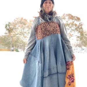 Upcycled Funky Denim and Animal Print Overalls and Bandana Dress, Boho Dress, Bohemian, Cotton Dress, Ladies Eco Dress, Reclaimed, CreoleSha