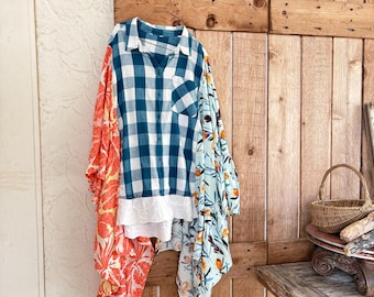 Upcycled Flannel Plaid and Floral Patchwork Poncho Tunic, Multi-Colored Modern Clothing