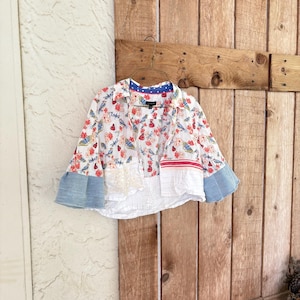 Upcycled Patchwork Boho Bird Motif Shirt Jacket Or Cropped Shirt, Upcycled Clothing, Bohemian Jacket, Clothing,CreoleSha