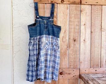 Upcycled Overall Dress: Flanel Skirt Combined With Jeans