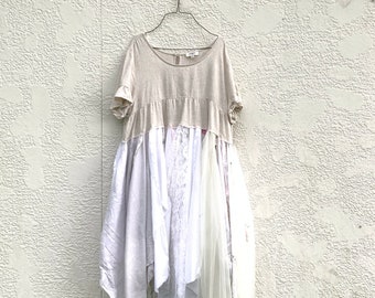 Upcycled Tattered Short Sleeve Off White Dress, Alternative Wedding Dress, Womens Linen Lace Dress, Tunic, Boho, Bohemian,CreoleSha