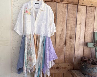 Upcycled White Linen Tunic Dress: Tattered Boho Fall Clothing
