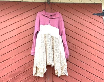 Upcycled Lace Sweatshirt Dress: Pink & Cream Patchwork, XL-XXL