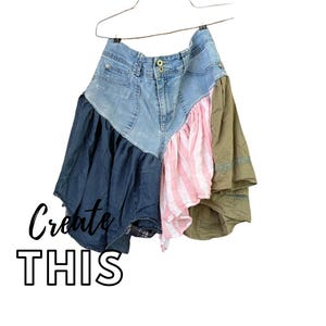 May include: A patchwork skirt in denim, pink striped fabric, and olive green. The skirt is suspended from a hanger. The text "Create THIS" is visible in black.