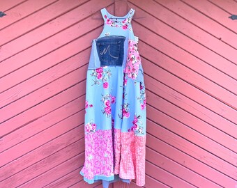 Ladies Upcycled Long Blue Floral Summer Clothing, Reclaimed, Boho, Bohemian, Tunic, Gypsy, CreoleSha