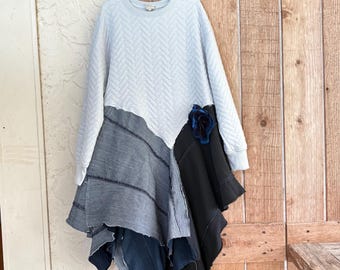 Upcycled Baby Blue Comfy Quilted Sweatshirt Denim Dress:  Washed Out Denim, Boho Clothing