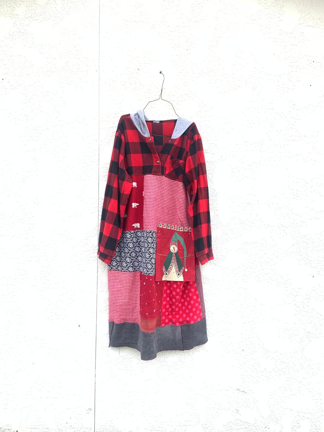 Upcycled Long Plaid Red Winter Dress, Casual Dress, Boho, Bohemian, Eco Friendly Dress, Dress