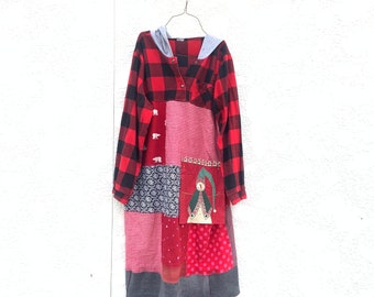 Upcycled Long Plaid Red Winter Dress, Casual Dress, Boho, Bohemian, Eco Friendly Dress, Dress, Reclaimed, CreoleSha