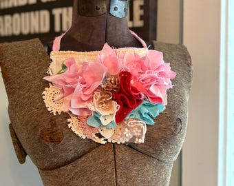 Boho Victorian Fabric Jabot Necklace in Pinks, Creams and Blue by Creolesha