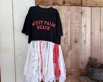 Upcycled Tattered T-Shirt Dress: West Palm Beach Vintage Tunic, Boho Style