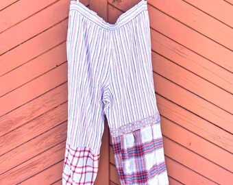 Upcycled Linen and Flannel Pants Bloomers, Baggy Loose fitting Pants / Bloomers, Plaid Pants, Wide Leg Pants by Creolesha