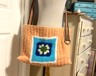 Peach Quilted Shoulder Tote Bag: Handmade Crossbody Purse