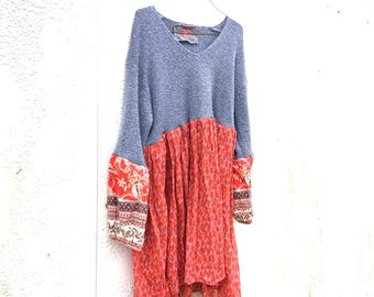 Upcycled Patchwork Floral Dress: Knit Bodice, Size XL