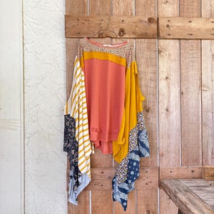 Poncho de verano reciclado, túnica en tonos tierra, blusa extragrande, talla única.