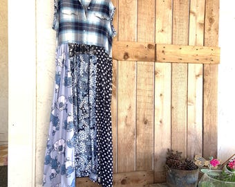 Long Upcycled Spring Sleeveless Plaid and Floral Dress, Ankle/ Floor Length Dress by CreoleSha