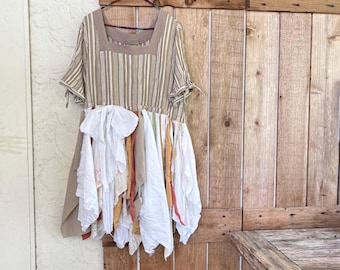 Upcycled Beige Tattered Boho Dress