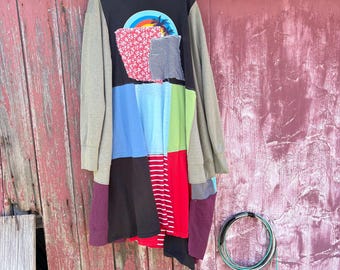 Upcycled Black Patchwork Dress: Long Plus Size Boho Style