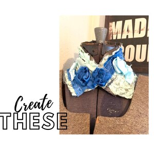 May include: A decorative collar with blue and light blue fabric flowers and accents, displayed on a mannequin. The image includes the text "Create THESE".
