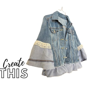 May include: A light blue denim jacket with bell sleeves and a ruffled hem. The sleeves have cream-coloured lace detail. The text "Create THIS" is on the left side of the image.