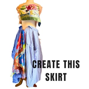 Peut inclure: Un mannequin présente un haut court patchwork avec des motifs floraux et d'oiseaux, associé à une chemise rayée bleue et à un tissu coloré. Le texte "CREATE THIS SKIRT" est affiché en noir.