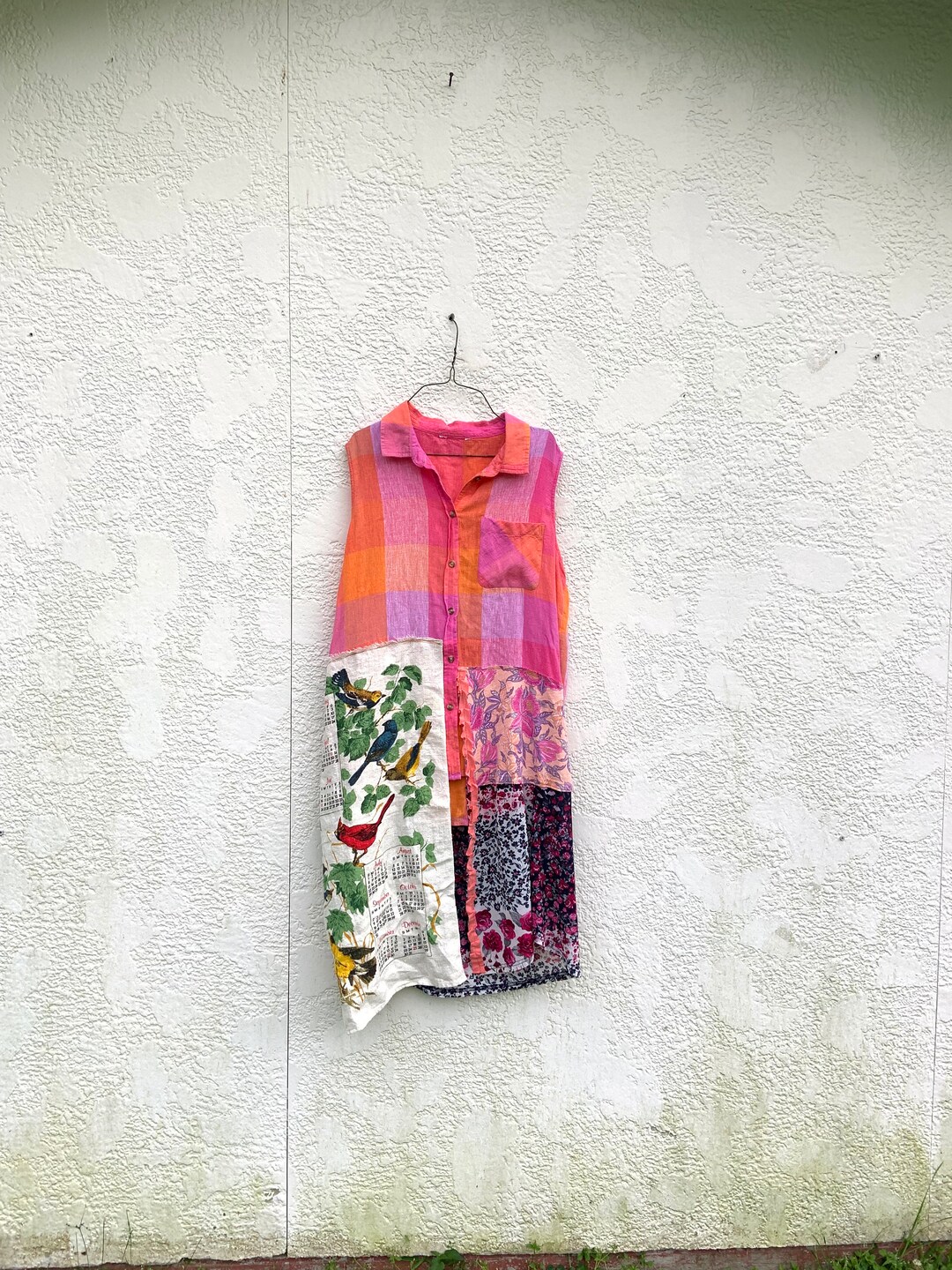Patchwork Upcycled Pink and Orange Bird Motif Dress / Jacket, Long ...