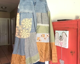 Funky Denim Patchwork Ladies Skirt, Boho Skirt, Ling Summer Skirt by CreoleSha