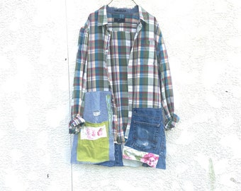Upcycled Denim and Cotton Green Plaid Shirt Jacket - Upcycled Clothing for Women by CreoleSha 152