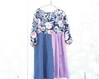Upcycled Floral Cotton Tunic Dress: Bohemian Spring Summer Style