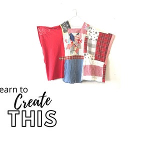 May include: A red, blue and white patchwork top with a star design. The top is made from different fabrics, including denim, plaid and gingham. The text "learn to Create THIS" is written below the top.