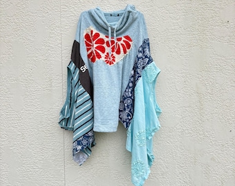 Upcycled Reworked Blue Floral Poncho Tunic, Oversized Blouse, One Size