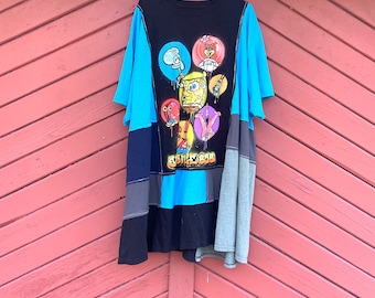 Upcycled  Remake SpongeBob Oversized Patchwork T-Shirt Tunic Dress , Guitars for Vets Upcycled Dress, Boho, Bohemian, Clothing, CreoleSha