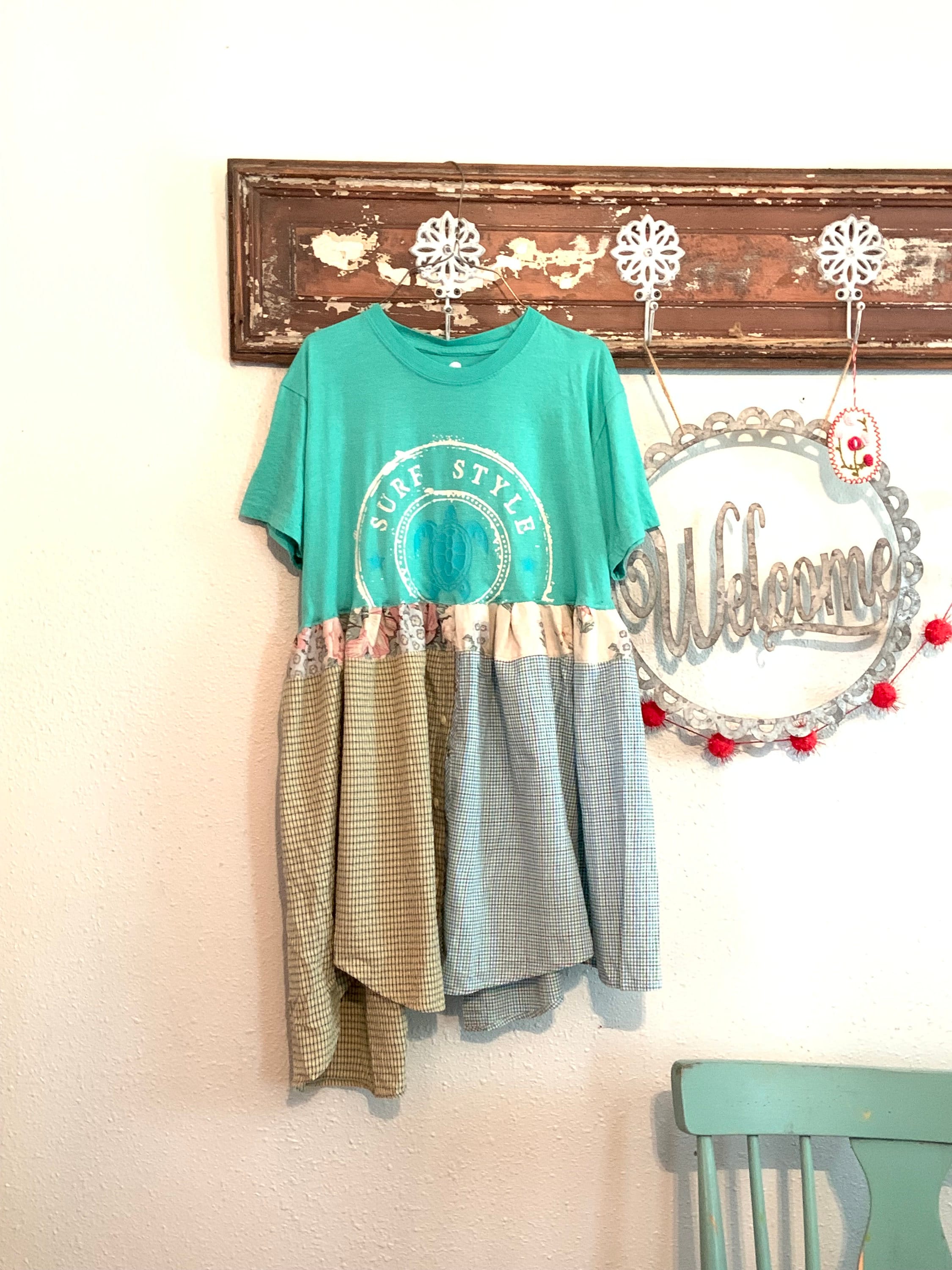 Upcycled Teal Knit Tee Style Tunic, Surf Beach Style Shirt with a Turtle, Reworked Revamped Clothing by CreoleSha