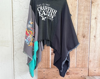 Upcycled Mardi Gras Crawfish T-Shirt – Hand Stitched “A Life Well Shared” Patchwork Southern Wearable Art Tee | Story Cloth Collection