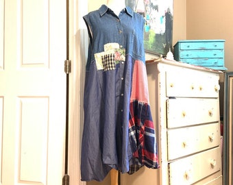 Denim upcycled tank top lichtgewicht mouwloze zomer jurk, boho, boho, katoenen jurk, creoolsesha