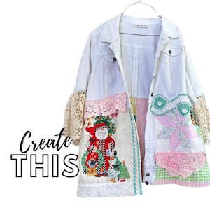 May include: White denim jacket with patchwork and lace details. Features a Santa Claus applique, pink lace trim, and crochet accents. The text "Create THIS" is on the left side of the jacket.