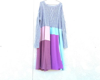 Upcycled Cable Knit Gray And Purple Dress, Upcycled Clothing, Boho, Bohemian, Clothing,CreoleSha