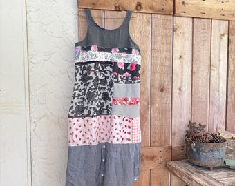 Upcycled Tank Dress: Reconstructed Black & Pink Floral Boho Clothing