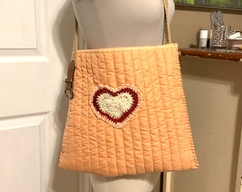 Peach Quilted Crochet Heart Shoulder Tote Bag, Ladies Quilted Purse, Gift for Mom, Teachers or Laptop Tote, Overnight Bag by CreoleSha